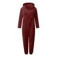 thumbnail image 5 of Fleece Pajamas Women with Hoodie New Women Solid Color Long Sleeve Hooded Jumpsuit Pajamas Casual Winter Warm Romper Sleepwear Style B-18 Wine XXL, 5 of 6