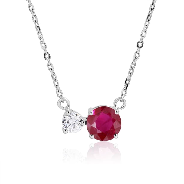Collar JeenMata Colgante Único Piedra Natal Julio Rubí Circonita Cúbica Doble Redonda Baño Oro Blanco Plata Esterlina
