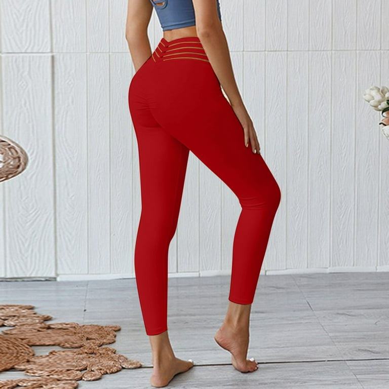 CLZOUD Workout Yoga Pants for Women Red Polyester Women's Solid Workout  Leggings Fitness Sports Running Yoga Pants Xxl