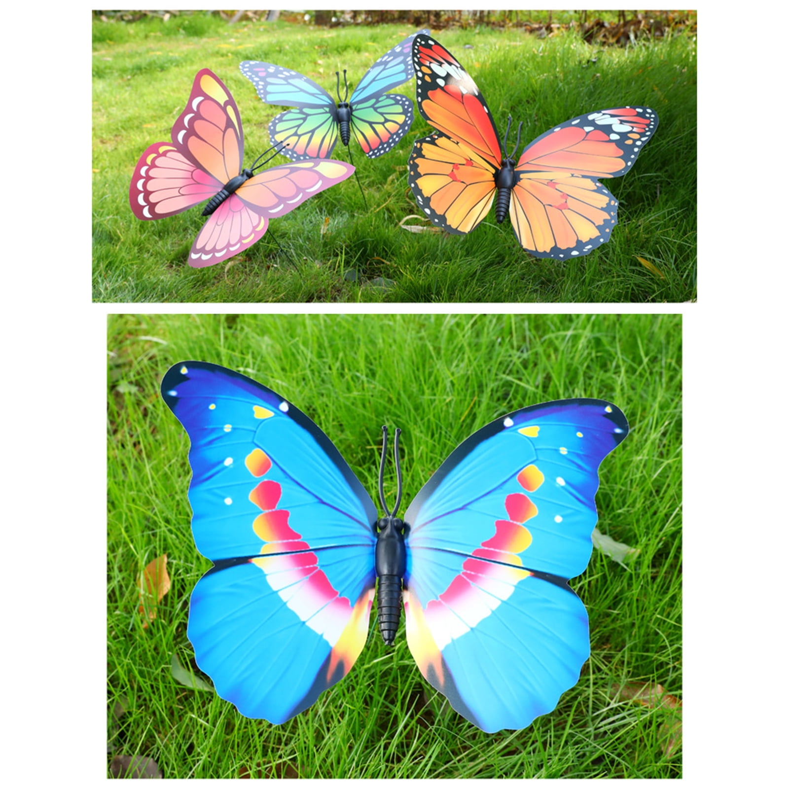 Top View Of Rainbow Flying Butterfly Fake Toy Multicolored Simulation  Butterfly Stick On Grass In Soil For Garden Decoration On Real Plants  Leaves Lawn House Home Charm Ornament Outdoor 3d Decor. Stock