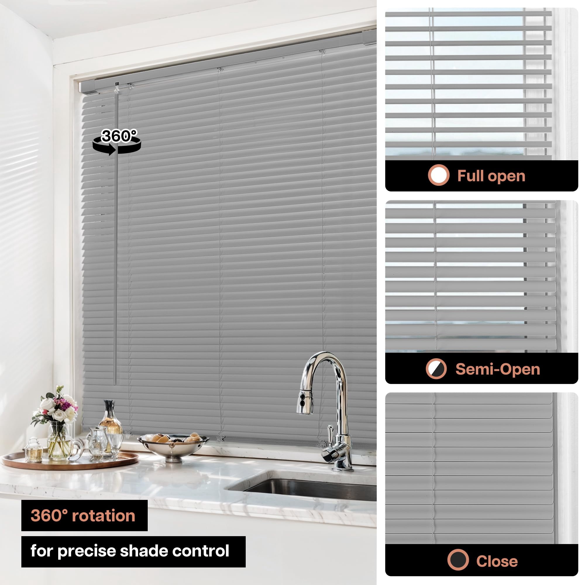 LazBlinds No Tools No Drill Cordless 1" Vinyl Mini Blinds, 100% Privacy S-Curve Blinds for Indoor Windows, Room Darkening Horizontal Window Blinds and Shades for Home, 40" W x 64" H, Grey