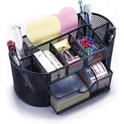 Metal Mesh Desk Supply Caddy Desktop Office Supplies Organizer Supply Holder 8 Compartments with Drawer (Black)