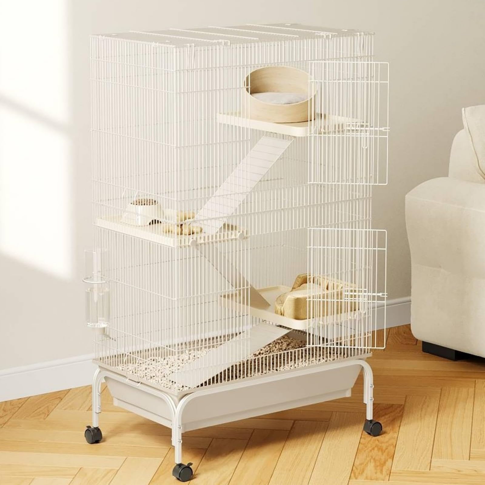 TEQIN 3 Tiers Small Animal Critter Cage,55" h Ferret Cage  with 3 Removable Ramps,Food Bowl, Water Bottle, Metal Small Animal Cages on Wheels for Chinchillas, Guinea Pigs, Rabbit, Sugar