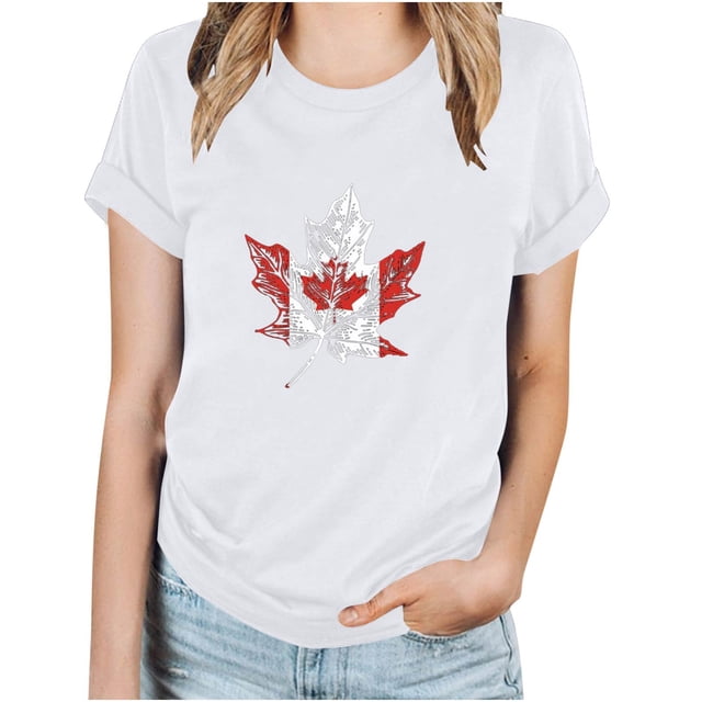 Camisetas de Manga Corta para Mujeres Canadá Día Hoja de Arce Impresión Básica de Verano Tee, Cuello Redondo Camiseta Casual