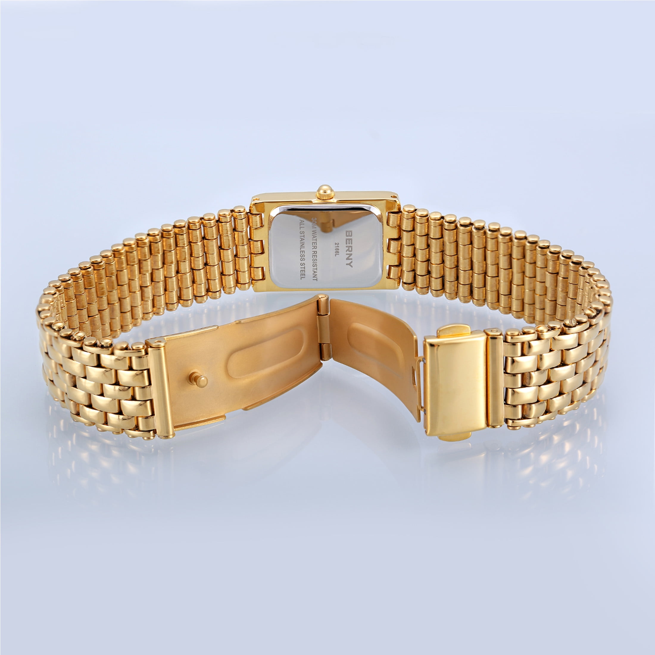 BERNY Women's Classic Gold Tone Square Quartz Watch, Stainless Steel Bracelet Band, 3ATM Water Resistant, Waterproof Watch Mother's Day Gift for Women (Blue)