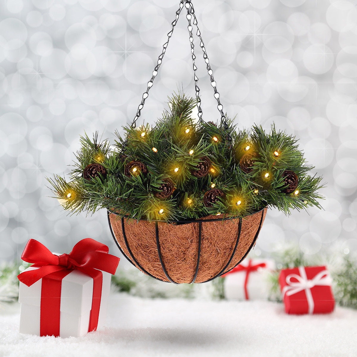 12" Hanging Basket Christmas Decor W/ 20 LED Lights & Pine Cones Home