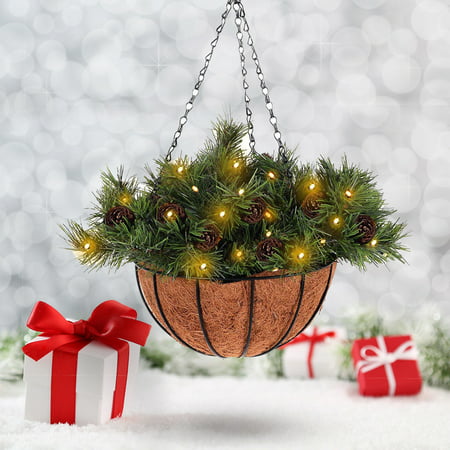 Costway 12-inch Hanging Basket Christmas Decor Battery-operated LED Lights & Pine (Best Brand Of Led Christmas Lights)