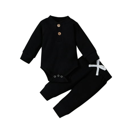 

Newborn Boys Girls Clothes Rib Knit Cotton Long Sleeve Jumpsuit Trousers Solid Color Autumn and Winter Clothes black—60CM