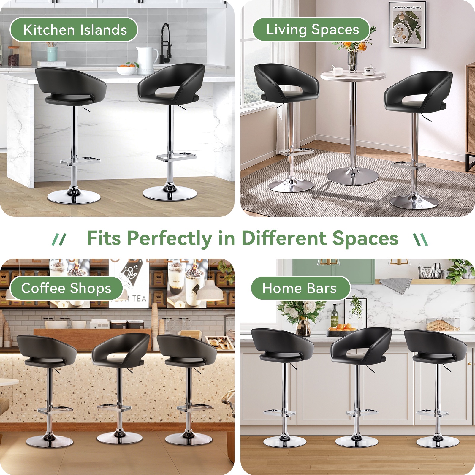 Adjustable Bar Stools, 360-Degree Swivel Barstools with Open Back and Arms, PU Leather Counter Height Island Chairs with Square Footrest for Pub Kitchen Dining Room, Black