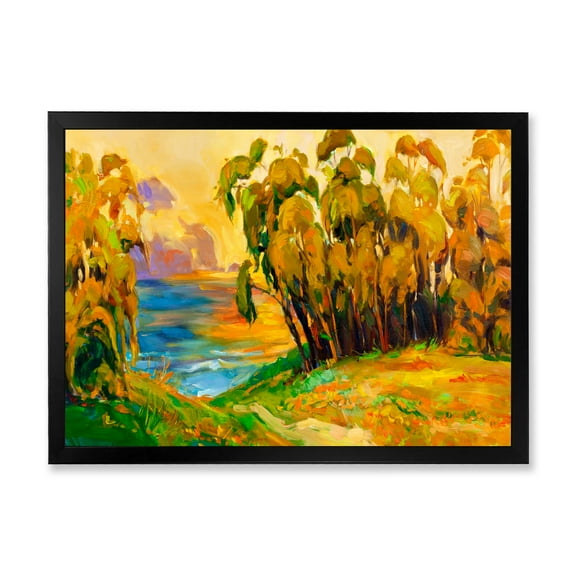 Brown Trees By The Riverside During Evening Glow 40 in x 30 in Framed Painting Canvas Art Print, by Designart
