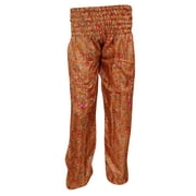 Mogul Women's Indian Silk Trousers Orange Floral Print Yoga Pants