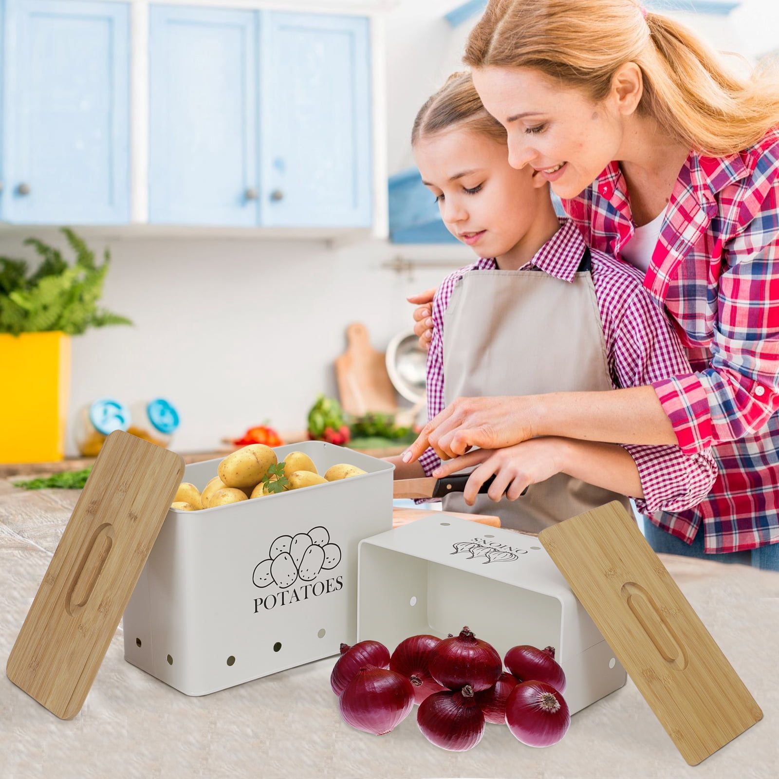 Pethiy Potato Onion Storage Canisters,Storage Bin For Kitchen 2 Pack Set,Potatoe, Potato Storage Box,Storage And Long Shelf Life with Aerating Tin Storage Holes,White