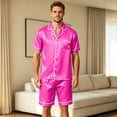 thumbnail image 5 of Mens Pajamas Set Silk Satin Sleepwear Short Sleeve Button Down Pjs Set 2 Piece Loungewear with Pockets Hot Pink XXL, 5 of 8