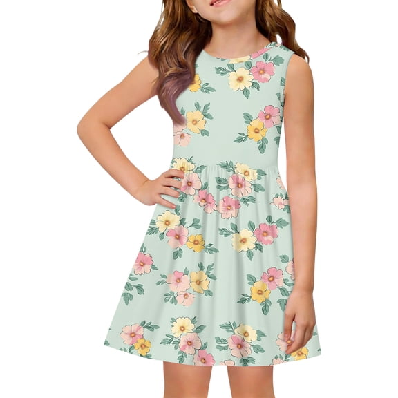 Iaqnaocc Girls Dresses Size 10-12 A-Line Floral Print Dress Holiday Cute Sleeveless Girls Clothes 2026 Summer Stylish Girls Fashion Dresses Turquoise 2-3 Years
