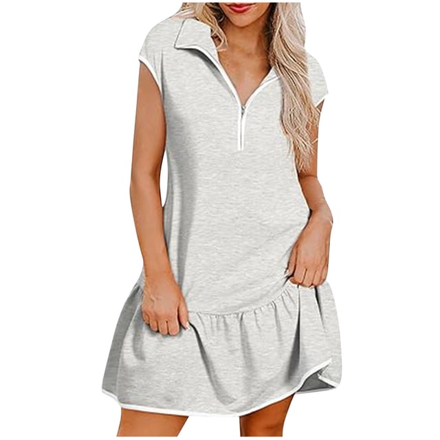Liquidation d'Été 2025! Robe Grande Taille pour Femmes, Liquidation d'Été pour Femmes, Robe Décontractée Unie à Manches Courtes Demi-Fermeture à Glissière avec Col à Revers