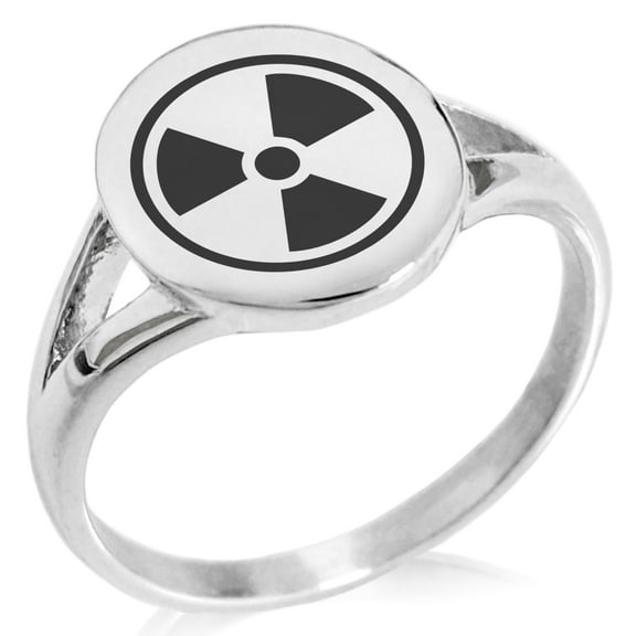 Stainless Steel Encircled Radioactive Minimalist Oval Top Polished Statement Signet Ring