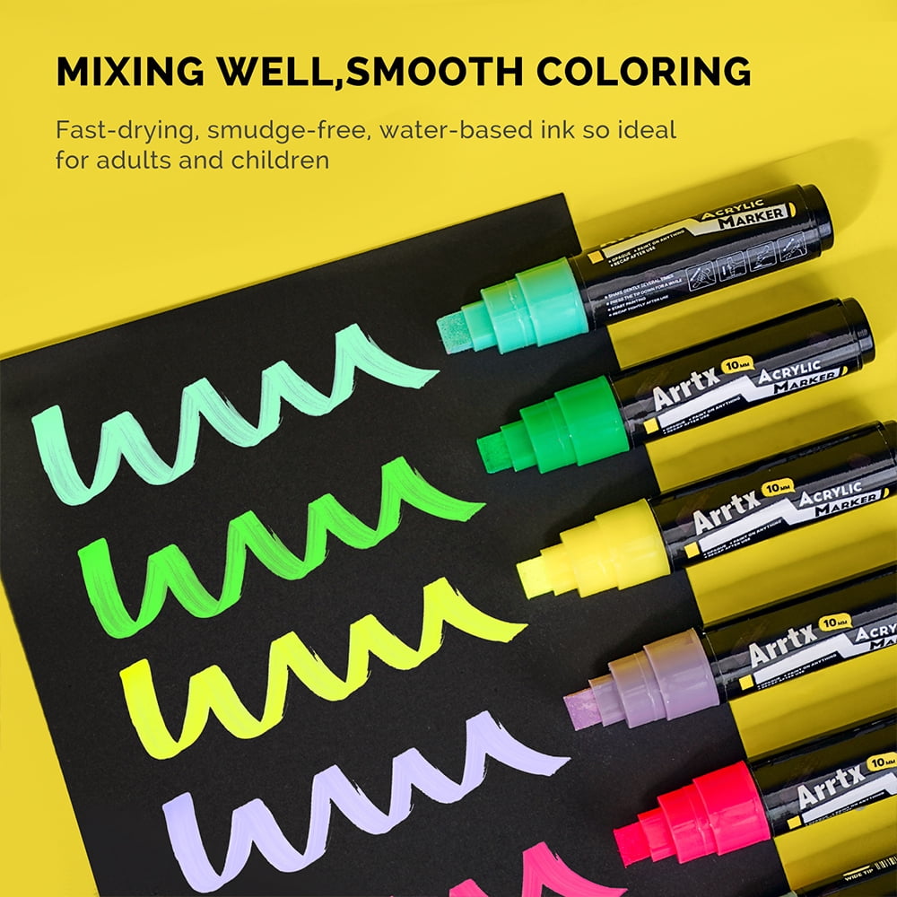 Arrtx Acrylic Paint Markers, 10mm Felt Tip Jumbo Markers, 12 Pack Colored Graffiti Markers