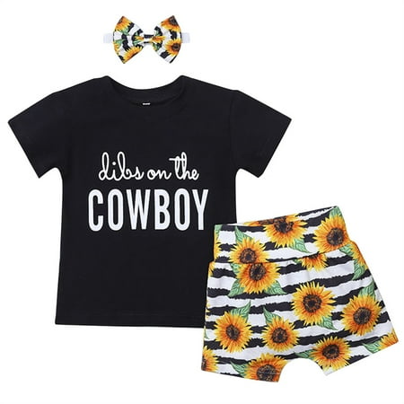 

Baby Short Sleeves Tops Shorts Bow Hairband Sunflower Print Cotton Outfits Summer Infant Clothing