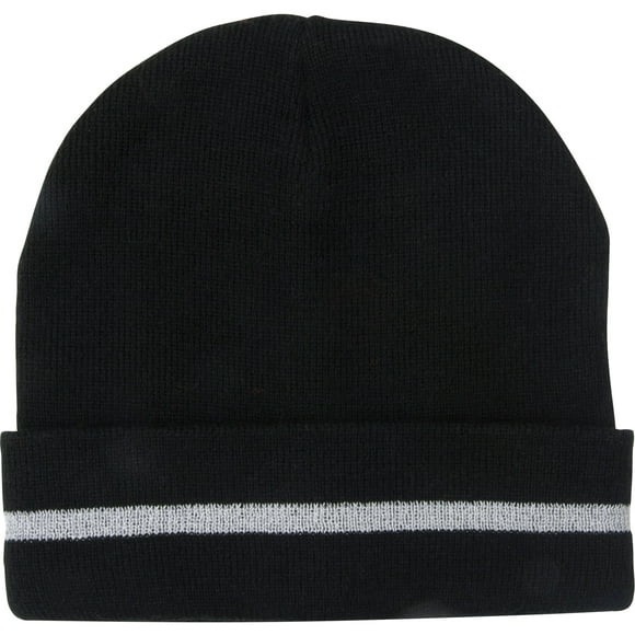 Knit Hat with Silver Reflective Stripe, One Size, Black