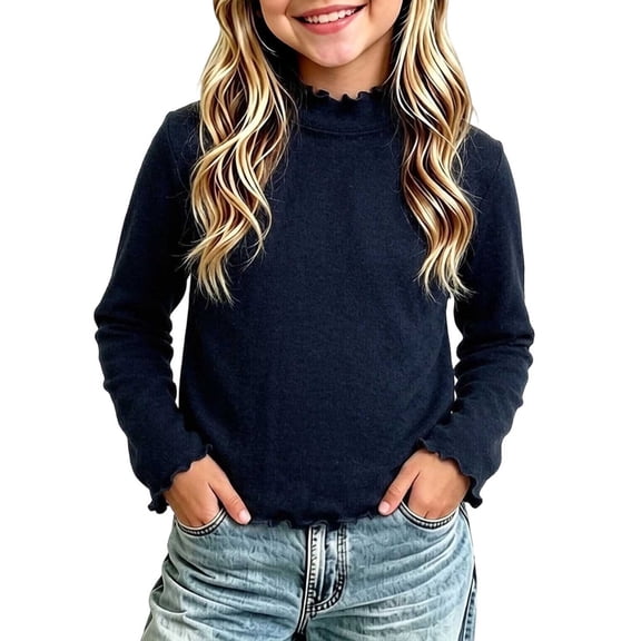 Girls Ruffle Detail Knit Soft T-Shirt, Long Sleeve Mock Neck Basic Style, Tee, for Everyday Wear, School and Weekend Outfits, Kids Clothing | JASKFLY
