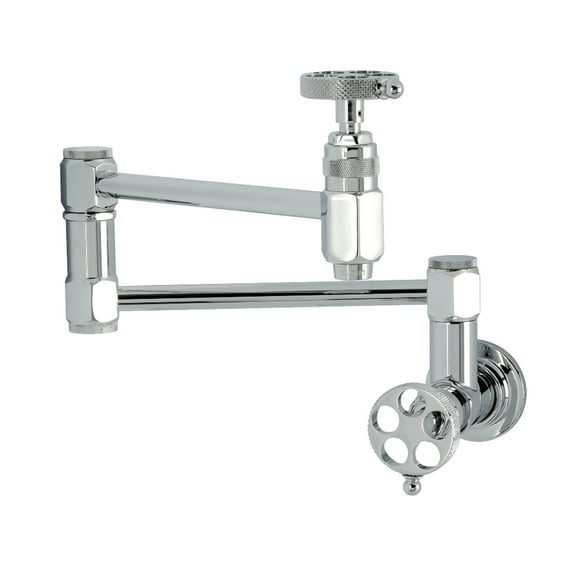 Kingston Brass KS5101RKX Webb Two-Handle 1-Hole Wall Mount Pot Filler Faucet with Knurled Handle in Polished Chrome