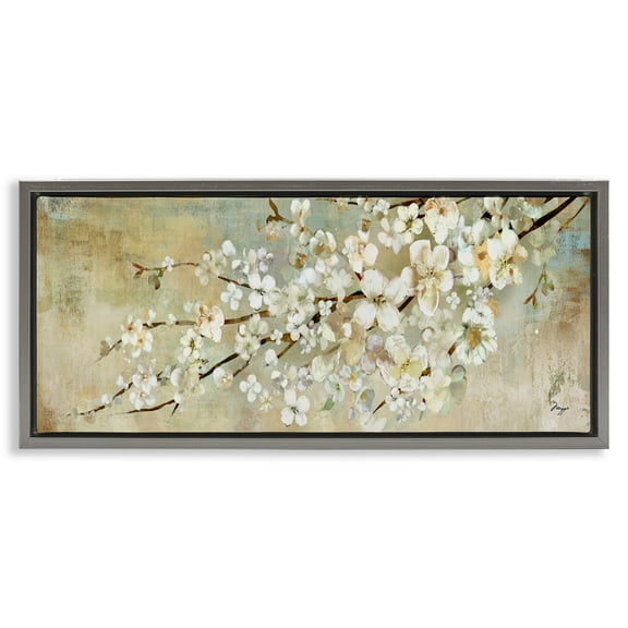 Stupell Industries Blooming Flower Tree Branch Painting Botanical & Floral Painting Gray Floater Framed Canvas Art Print Wall Art, 25 x 11