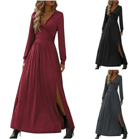 HAOTAGS Plus Size Cocktail Dress V Neck Fall Wedding Guest Dresses for Women Solid Color Lightweight Formal Wedding Guest Dress Wine S