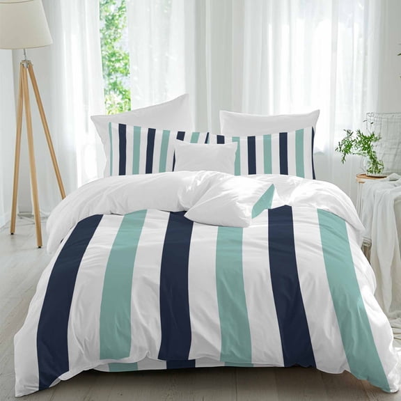 Turquoise Navy Blue Striped Duvet Cover Set Full Size, Modern 4 Piece Soft Microfiber Bedding Set with 1 Duvet Cover, 1 Flat Sheet, 2 Pillowcases