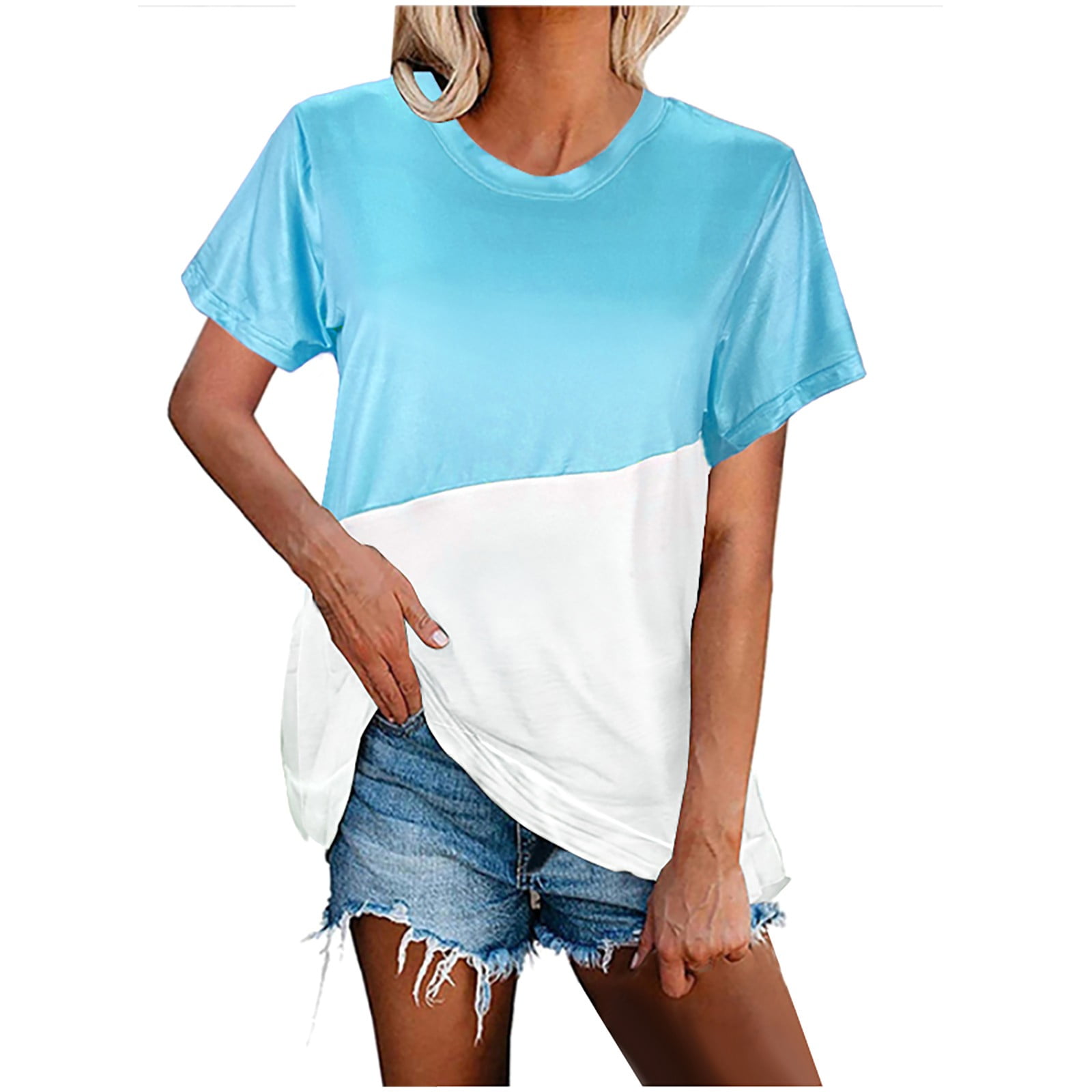 Womens Tshirts Loose Fit Crewneck Summer Tops Color Block
