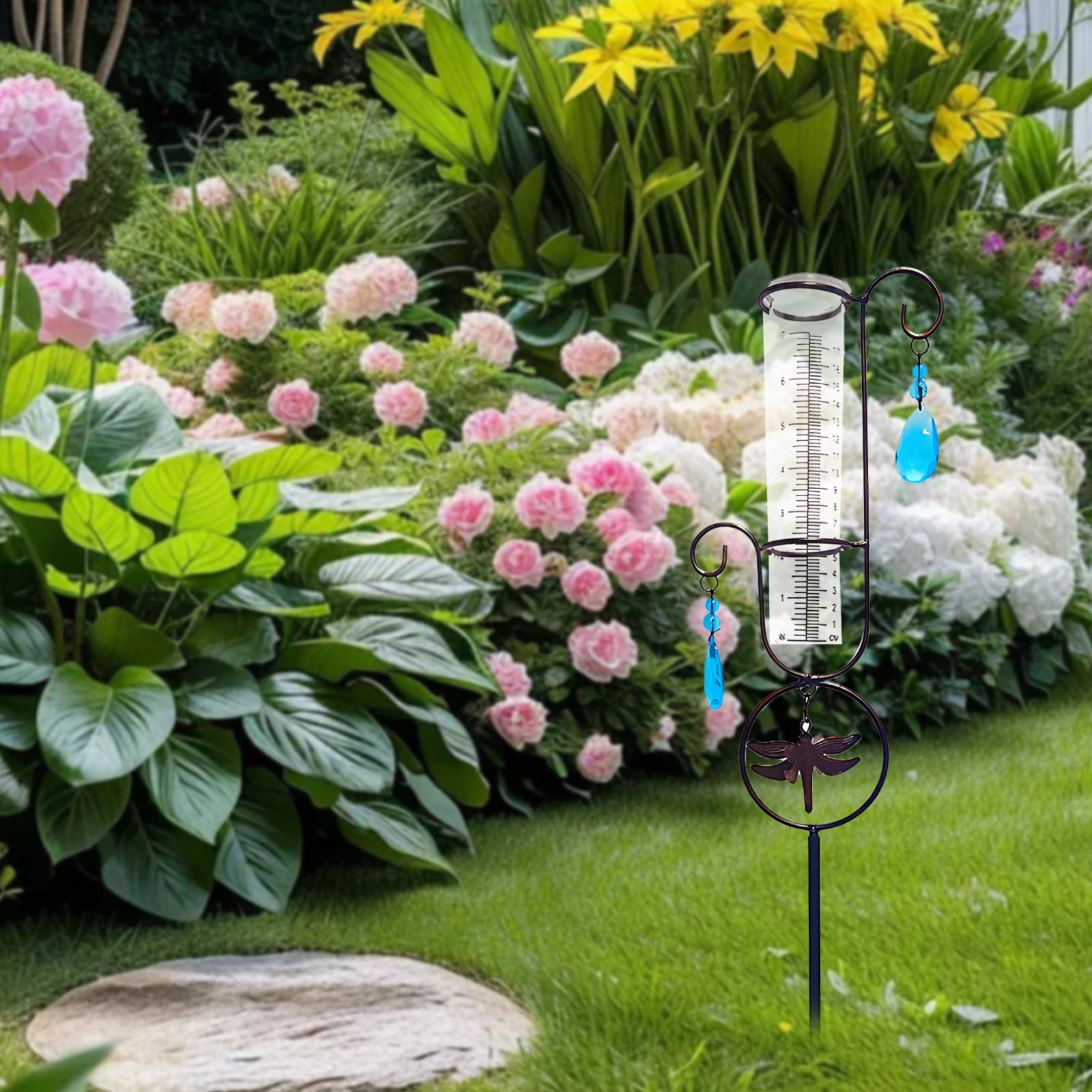 Decorative Rain Gauge Outdoor, Easy-to-Read Large Plastic Rain Gauge, Garden Yard Decoration with Dragonfly Motif, Heavy-Duty Metal Stand, 7 in (17.7 cm) Cylinder