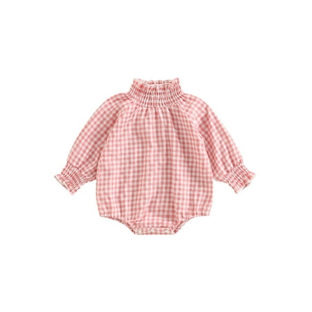 

Thaisu Newborn Girl Autumn Romper Plaid Print Long Sleeve Ruched High Neck Jumpsuit for Spring