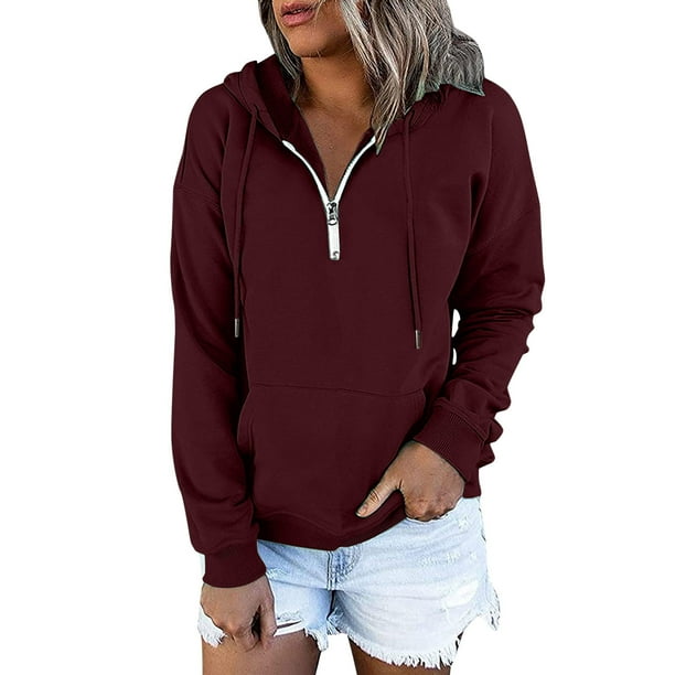 Gibobby Divertidas Sudaderas para Adolescentes Womens Daily Long Casual Down For Womens Pocket Sudaderas con capucha Pullover Manga Botón V Sudaderas con cordón Cuello de mujer (Vino, M)