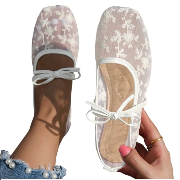 Purcolt Womens Floral Embroidery Mesh Flats Lightweight Casual Square Toe Slip On Ballet Shoes Comfort Elegant Soft Sole Mary Jane Shoes with Bowknot Elastic Strap