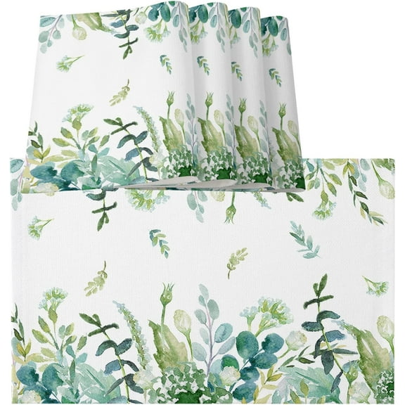 Eucalyptus Leaves Placemats Set of 4 Washable Woven Burlap Cloth Fabric Placemat for Square/Rectangle/Round/Oval Dining Table,Easy Clean Place Mats Watercolor Floral Spring Flower Green White
