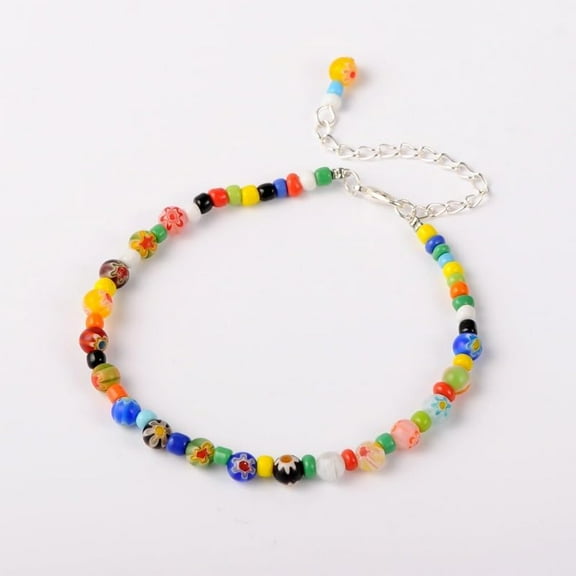 2Pcs Handmade Millefiori Glass Beads Anklets Colorful Foot Chain Jewelry Ankle Bracelet with Alloy Lobster Clasps for Women Dainty Trendy Jewelry 9-1/4 inch