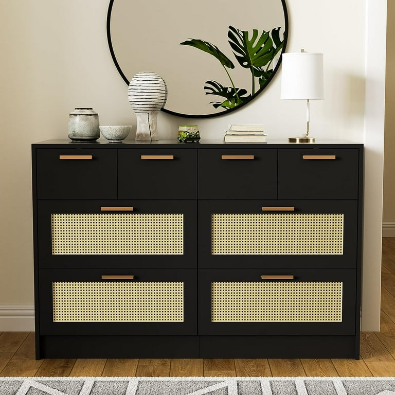 Cozy Castle Wooden Boho Dresser for Bedroom Rattan 6 Drawer Double Dresser for Bedroom Modern Chest of Drawers with Metal Handles Black