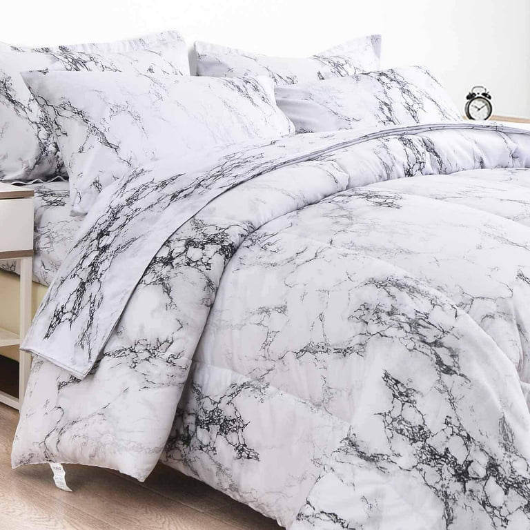 NANKO Queen Bedding Duvet Cover Set White and Black Marble Printed 3 Piece  - 100