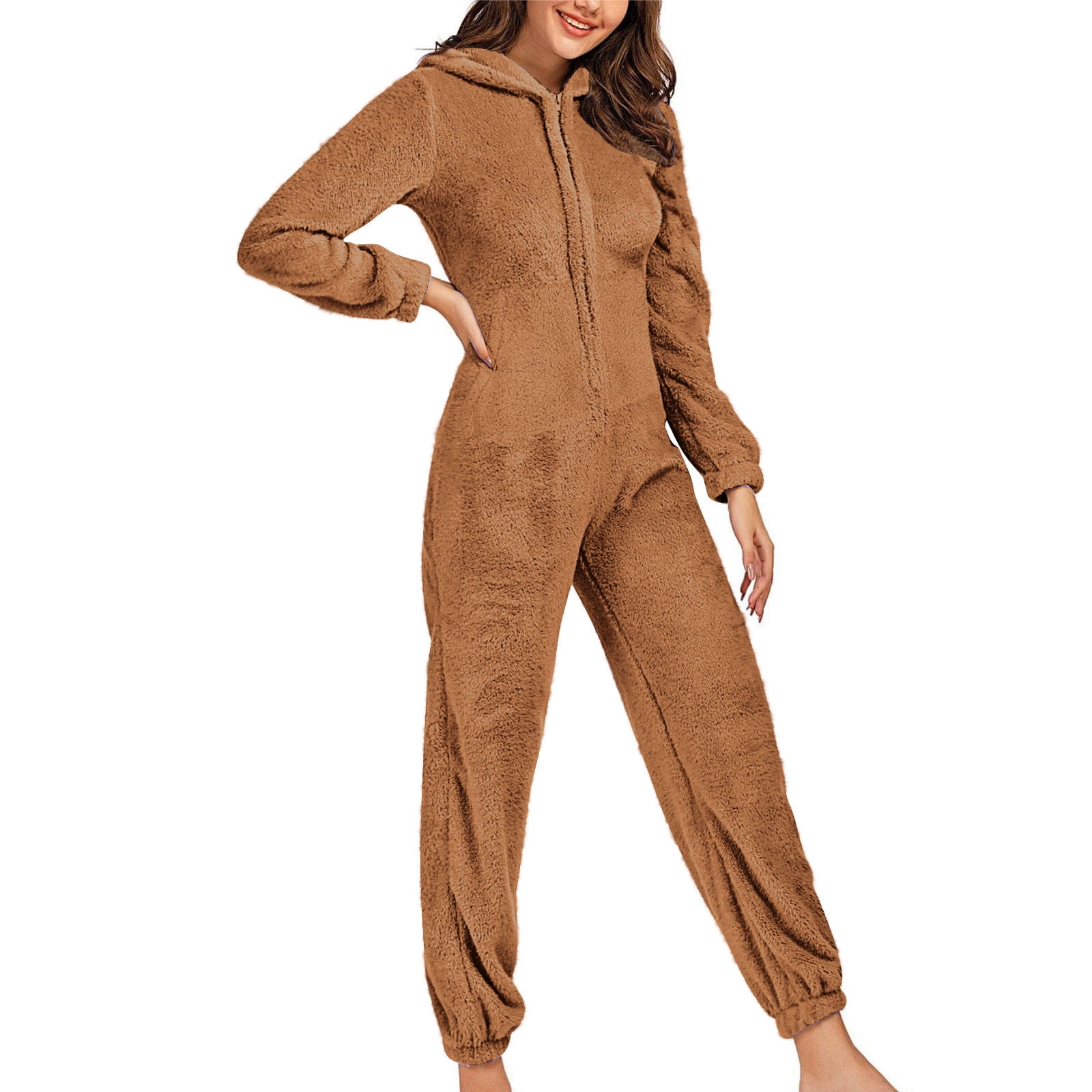 FNFYFH Fleece Onesie Pajamas for Women Fuzzy Sherpa Hooded Romper One Piece Winter Sleepwear Flannel Pajama Jumpsuit