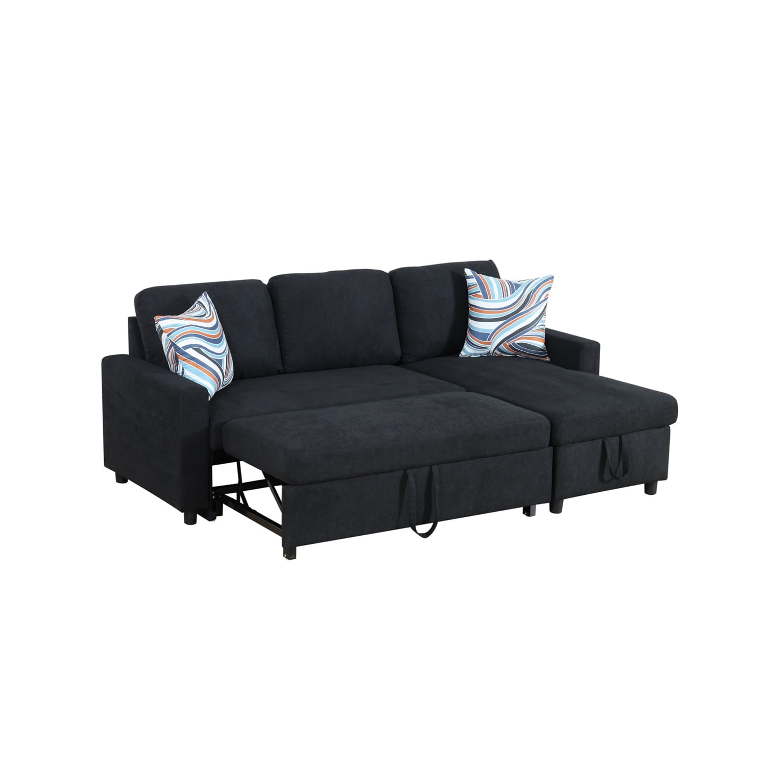 Hommoo Flannelette Reversible L-Shaped Sleeper Sofa Bed, Modern Sectional Couch Sofa Bed with Storage, Pull-Out Couch Sofa for Living Room, Bedroom and Office, Black