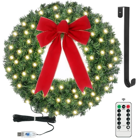 24in Pre Lit Christmas Wreath with Lights & Timer & Remote - 50 LEDs, 8 Lighting Modes -Lighted Christmas Wreath for Front Door with Hanger & Red Bow for Christmas Decorations
