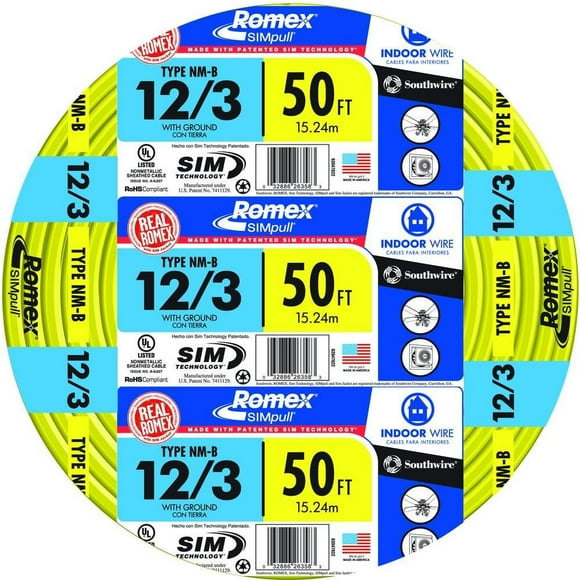 Southwire Romex Brand Simpull Solid Indoor 12/3 W/G NMB Cable 50ft coil - SW 63947622