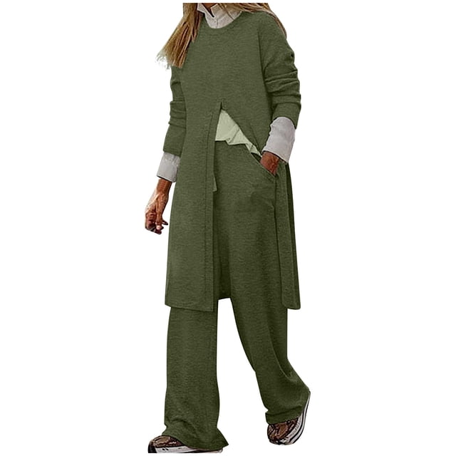 Puntoco Conjunto de pantalones y manga larga para mujer, elegante, con bolsillo, cuello redondo, informal, Color sólido, liquidación Puntoco Puntoco-4899