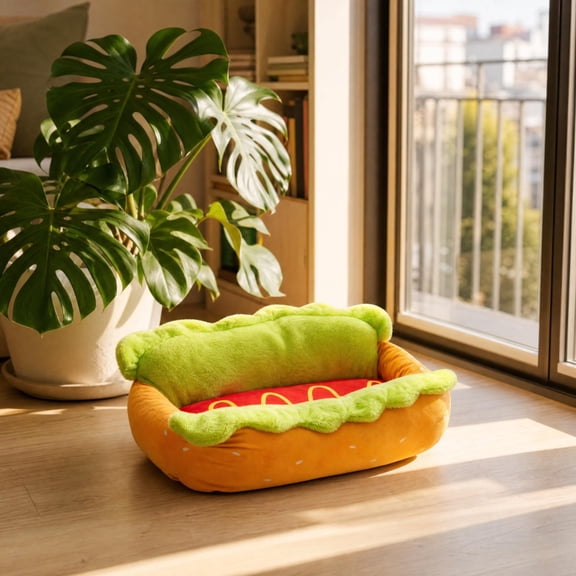 12 in Cute Hot Dog Shaped Pet Bed, Soft 100% Cotton Novelty Dog Cat Bed, Joint Support Raised Bun Rim Sleeping Cushion with Washable Cover for Indoor Small Breed Pets
