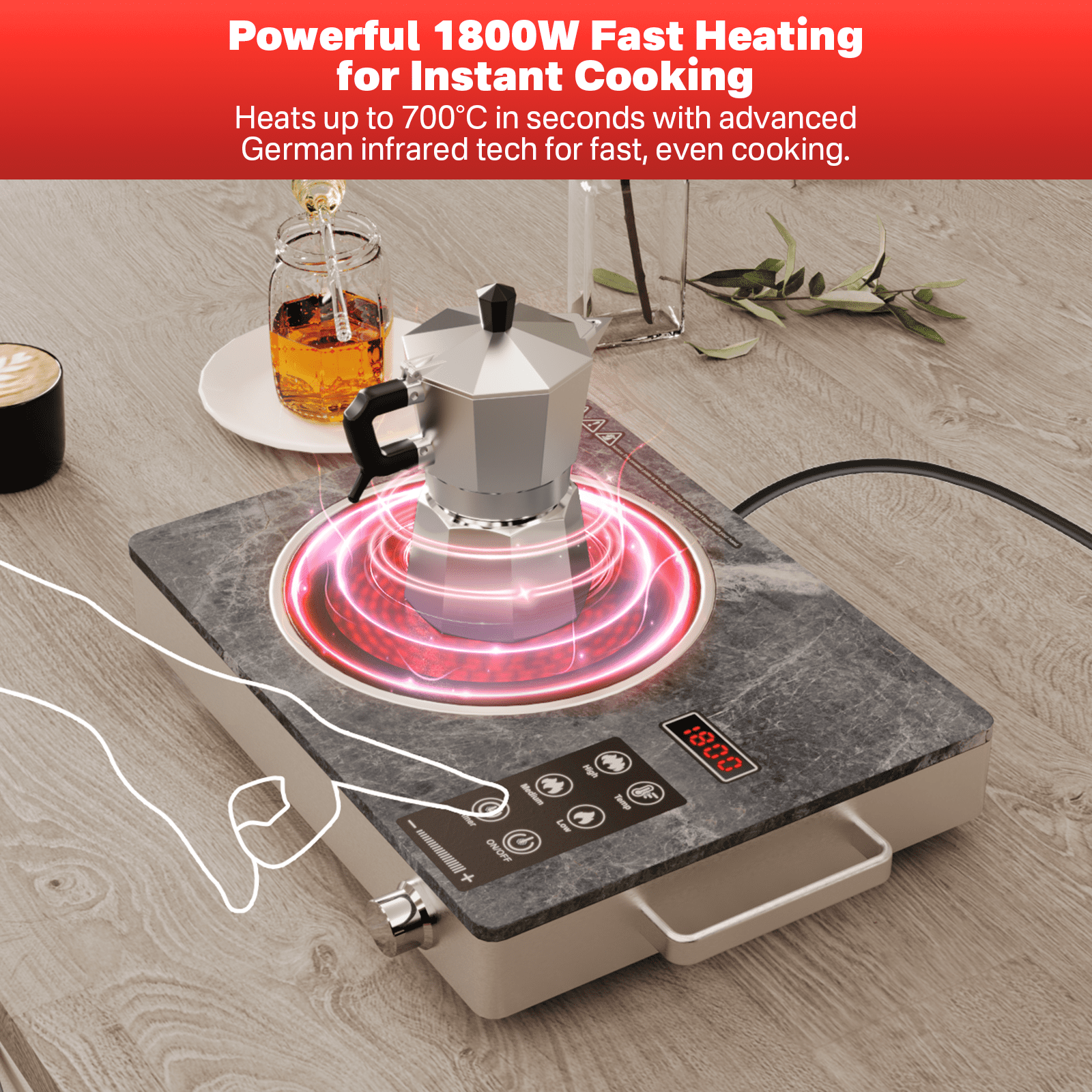 Nardea Single-Burner Electric Ceramic Cooktop – 1800W Infrared Heating, 18 Heat Levels, Timer, Compact Design, for Kitchen, Dorm, or Outdoor Use