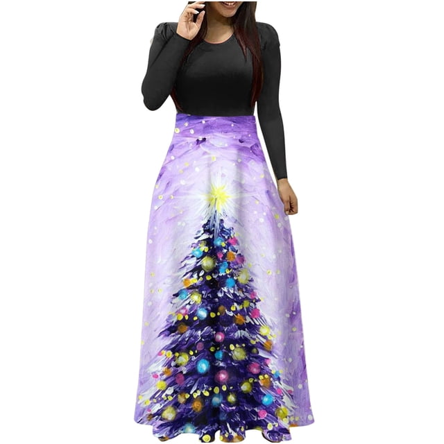 Robes pour Femmes 2022 Noël Col Rond Manches Longues Patchwork Imprimé Robe Longue Ligne A Robe Maxi Automne Dames