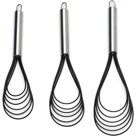 XIAOEN Flat Whisks Stainless Steel,3 Pack 10'' 11'' 12'' Set Premium Sturdy-6 Silicone Heads Non Stick Wires Whisk for Blending Beating Stirring Kitchen Cooking