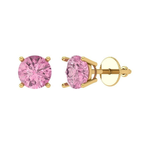 2 ct Screw-Back Stud Earrings for Women | 6.5mm Round Cut Simulated Pink Diamond | 18K Yellow Gold