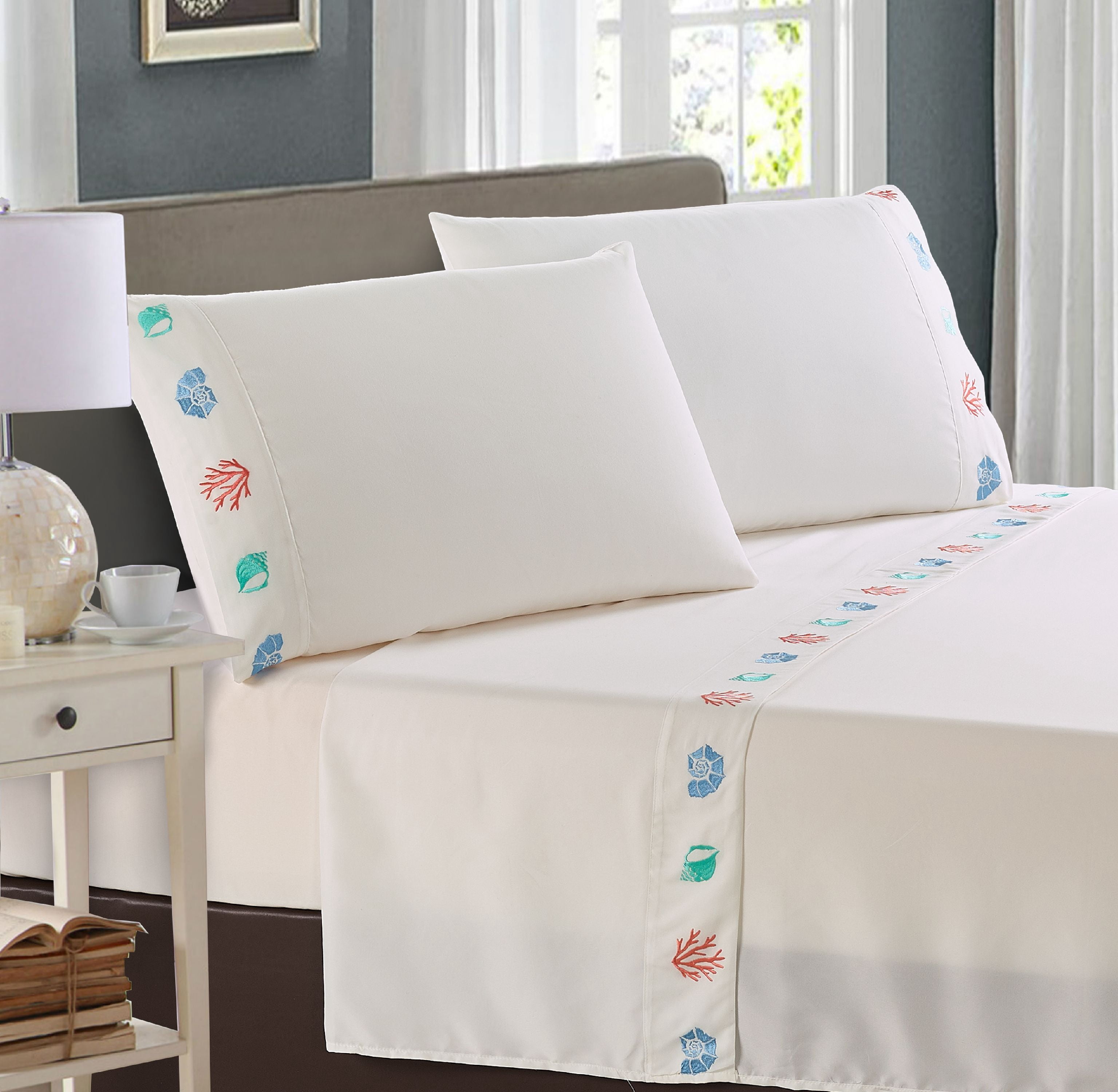 Colorful Shells 3-piece Embroidered Sheet Set Twin