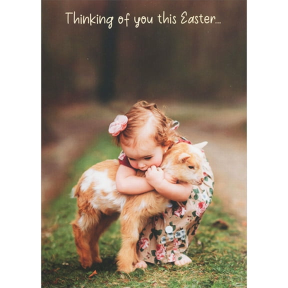 RSVP Little Girl Hugging Brown and White Baby Lamb Photograph Easter Card