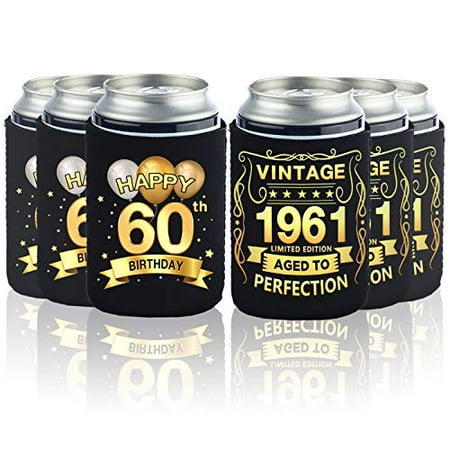 

Greatingreat 60th Birthday Can Cooler Sleeves Pack of 12-60th Anniversary Decorations- Vintage 1961-60th Birthday Party Supplies - Black and Gold fiftieth Birthday Cup Coolers